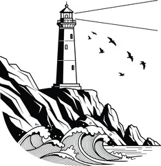 Lighthouse: A simple black and white illustration of a lighthouse on a rocky cliff with crashing waves and flying birds.
