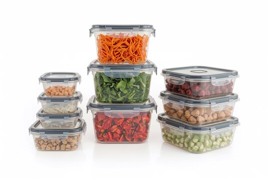 Pile of clear plastic food storage boxes on a white backdrop