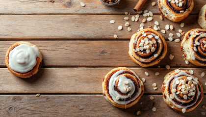 Fototapeta premium Overhead cinnamon rolls on rustic wooden table with icing and almonds. 