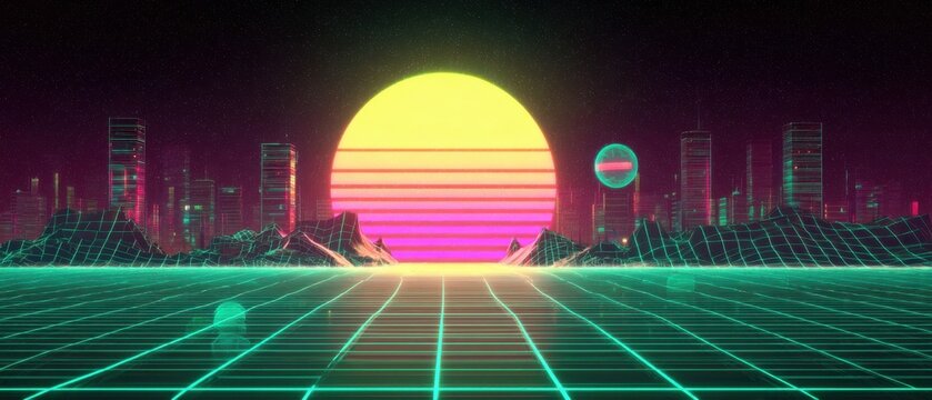 Synthwave Cityscape with Retro Sun and Neon Grid Landscape in 80s Style Digital Art Illustration