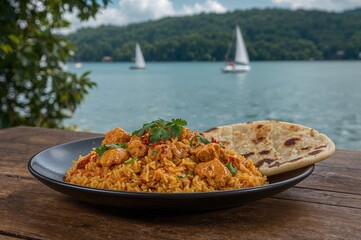Fiery curry dish served lakeside with meat and rice