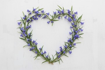 Fototapeta premium Bluebell flower heart-shaped wreath on white background with chalkboard surface. Wooden floral romantic motif for a greeting card.