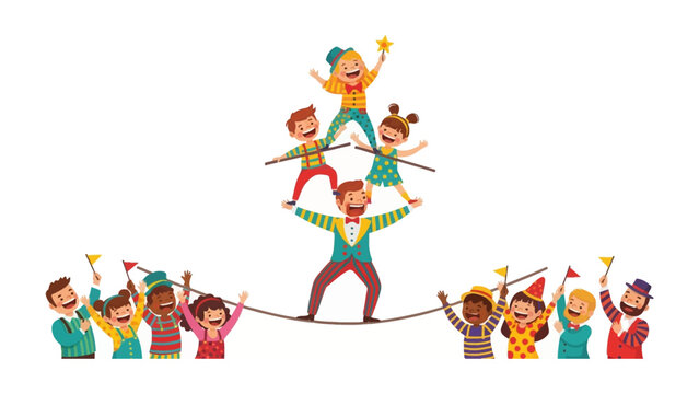 Circus Spectacle: A vibrant cartoon illustrates a circus performer walking a tightrope while balancing a tower of delighted children. The scene evokes laughter, daring, and the wonder of the big top.