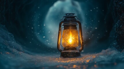 Illuminated lantern on snowy ground inside a cave photo showcasing light and exploration