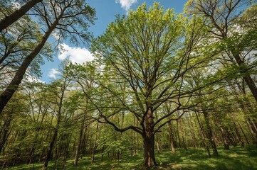 Obraz premium Lush green woodland bathed in sunlight during spring