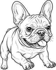 Dog: A highly detailed line art illustration of a smiling French bulldog, in a realistic, hand-drawn sketch style.