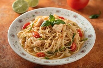 Zesty papaya and rice noodle salad paired with salted crab, lime, and chili