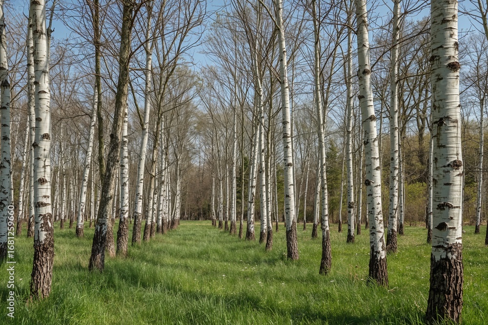 Poster background of a spring scene with birch trees