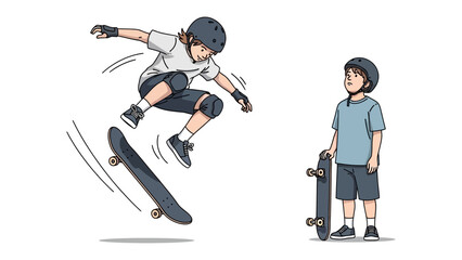 Obraz premium Skateboarder Demonstration: A skateboarder executes a dynamic jump while another looks on, capturing the energy of urban sports and youthful enthusiasm.