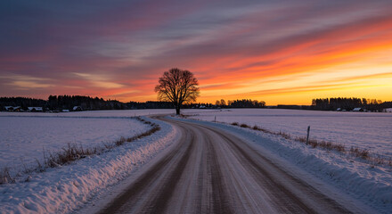 Winding country road through snow-covered fields leads to a lone tree under a vibrant sunset sky.
