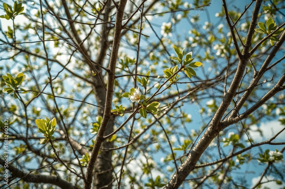 Poster Springtime scene featuring a clear blue sky visible through tree branches. Focus on details. High resolution image