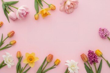 Concept of a fresh spring morning. Overhead view of flowers arranged on a pale pink surface with room for text