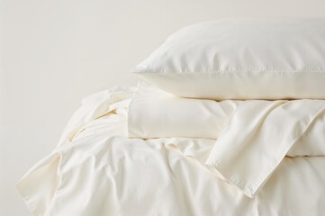Obraz premium Pile of neatly folded sheets and pillow covers against a plain backdrop; close-up view.