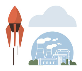 Red rocket soaring near a power plant with chimneys and emissions, symbolizing development, sustainability, innovation, startup growth, environmental challenge, clean energy, technological
