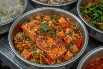 Spicy salmon salad with mixed veggies and herbs in a vibrant street food style, highlighting fresh ingredients and bold flavors.