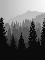 Fototapeta premium Misty Forest Landscape Silhouette with Evergreen Trees in Monochrome Atmospheric View Serene Nature Scene