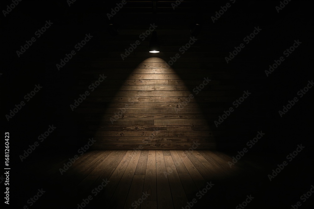 Poster Illuminated area in a dim setting featuring wooden panels and dark walls, empty space available for text or product display