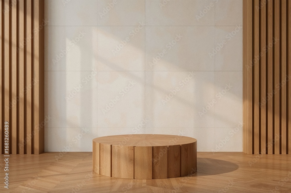 Poster minimalist abstract background for product presentation and branding with a wooden podium featuring 