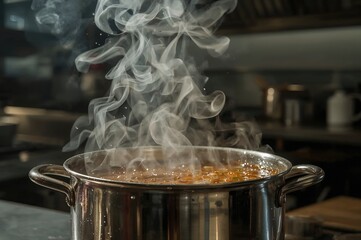Metal cooking pot filled with steaming hot soup