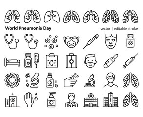 Naklejka premium World Pneumonia Day: Awareness Icons Representing Lung Health, Medical Instruments, and Prevention Measures in Line Art Style