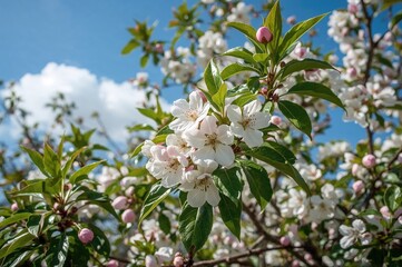 Spring Scene Featuring Cherry Plum Blossoms and Lush Green Foliage