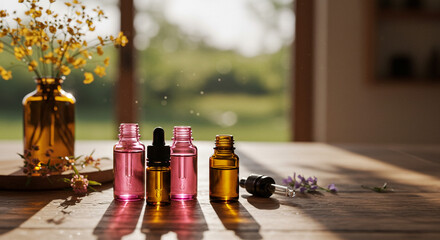 Natural beauty and wellness essentials in amber glass bottles with delicate floral accents