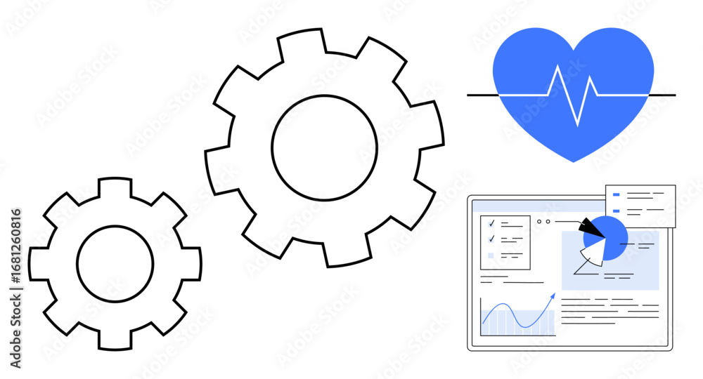 Poster gears symbolizing systems, heart with heartbeat line for healthcare, and data analytics dashboard. i