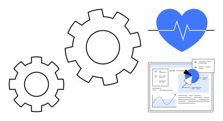 Gears symbolizing systems, heart with heartbeat line for healthcare, and data analytics dashboard. Ideal for tech, automation, health systems, data visualization, research, diagnostics simple