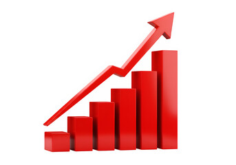 A striking red 3D bar graph with a bold upward trend arrow Isolated on white or transparent background. PNG format.