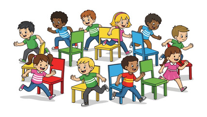 Musical Chairs Chaos: A vibrant illustration captures the playful competition of children as they engage in a spirited game of musical chairs. Energetic poses, colorful chairs.