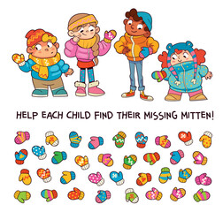 Winter matching puzzle for kids. Help each child find the missing mitten. Colorful worksheet that trains attention, logic and pattern recognition for classroom or home use.