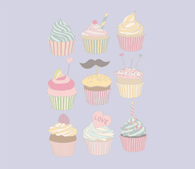 Cute Cupcake Vector Set – Colorful Sweet Dessert Illustrations