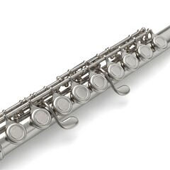 Naklejka premium Close-up of a beautiful silver flute showcasing its intricate keys and polished metal surface, an elegant musical instrument ready for harmonious melodies and artistic performances