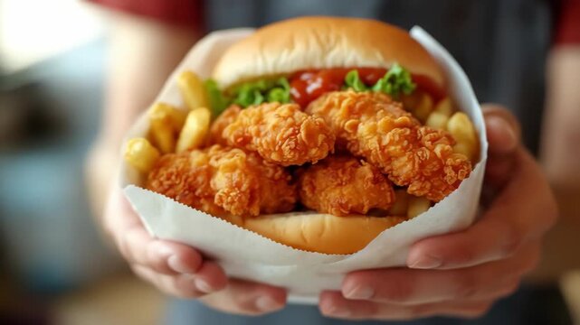 Handheld paper-wrapped combo meal of crispy fried food and a burger