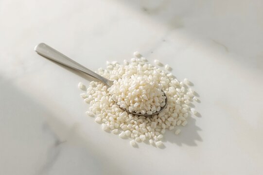 Spoon filled with puffed rice on a clean white surface, breakfast food concept