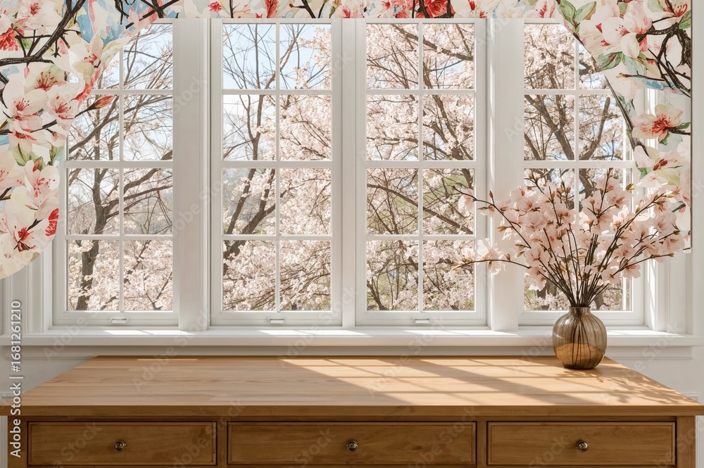 Poster wooden table with open window and bright spring scenery as backdrop