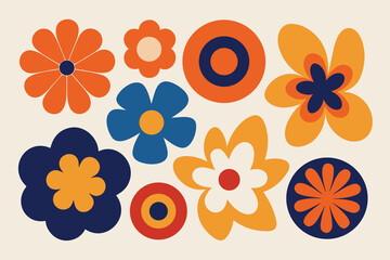 Retro Floral Pattern Orange, Blue, and Red Flowers in a Groovy 1970s Style