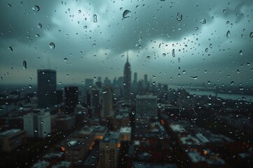 Wet weather with raindrops on glass overlooking an urban skyline on a gloomy day