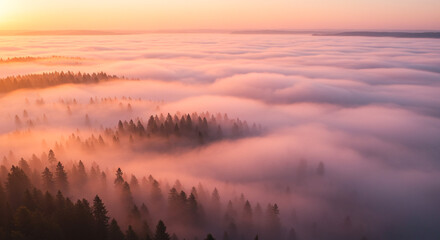 Serene forest canopy peeks through soft pink fog at sunrise, creating a magical, ethereal landscape view