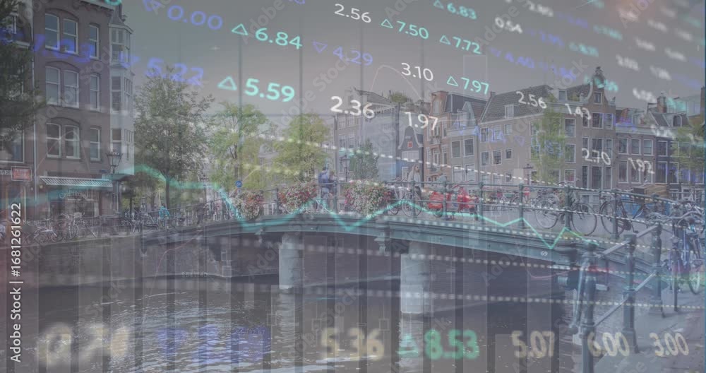 Poster animation of graph and financial data processing over pedestrians walking over bridge in city
