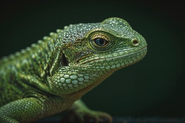 Fototapeta premium Detailed close-up of a vibrant green lizard showcasing its textured skin and striking blue eye, resting on a shadowed surface with a soft-focus background.