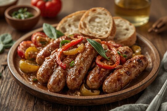 Marinated sausages served with onions and red bell peppers on a dish