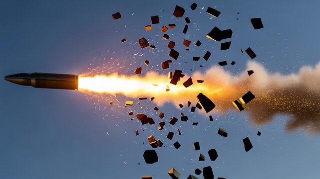Artillery shell fragments into glowing dust with fiery trails soaring through the sky