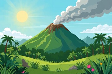 Illustration of a tropical volcanic mountain with smoke and lush vegetation, depicting a wild nature scene at sunset.