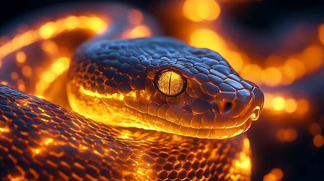 Close-up of a glowing serpent: a captivating digital art photo of a stunning snake