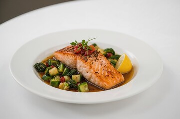 Fillet of salmon served with fresh vegetables and a flavorful sauce. Nutritious meal option. Focused shot on a clean dining setting.