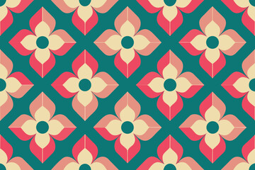 Fototapeta premium Retro Geometric Floral Pattern on Teal Background, Pink, and Cream Flower Repeating Design