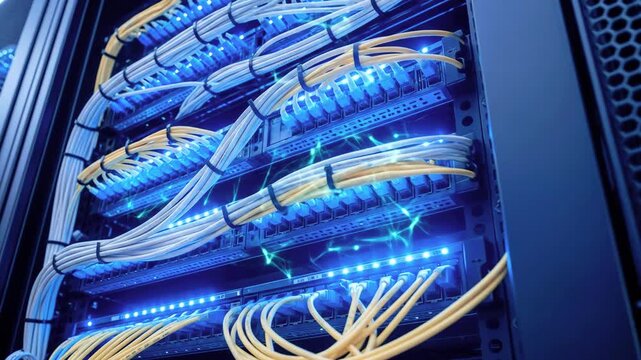 Close-up of illuminated network cables in a server rack, showcasing technology and data connectivity