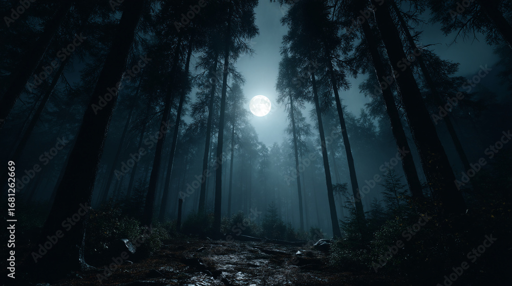 Poster A view of a forest at night with a bright full moon shining through the trees