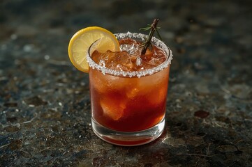 Spicy vodka cocktail with Worcestershire sauce, served chilled in a salt-rimmed glass, garnished with a lemon wedge and celery stick